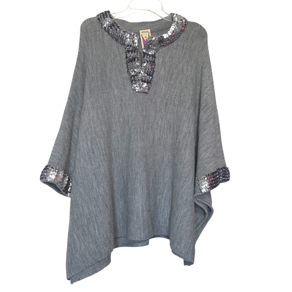 Antthony Original Poncho Women Missy Petite Grey Sequin Trim Knit Glam Holiday